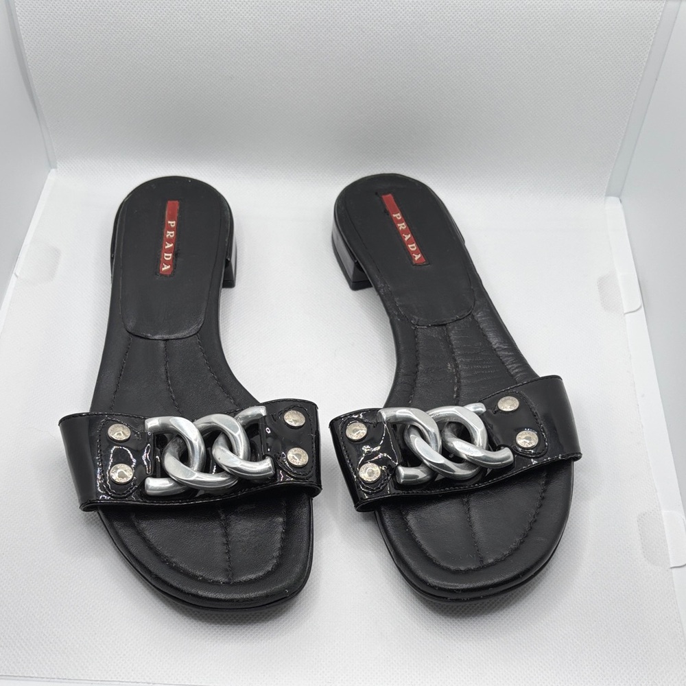 Vintage Y2K Prada Sport Black Sandals with Silver Wide Chain Accent Low Heel